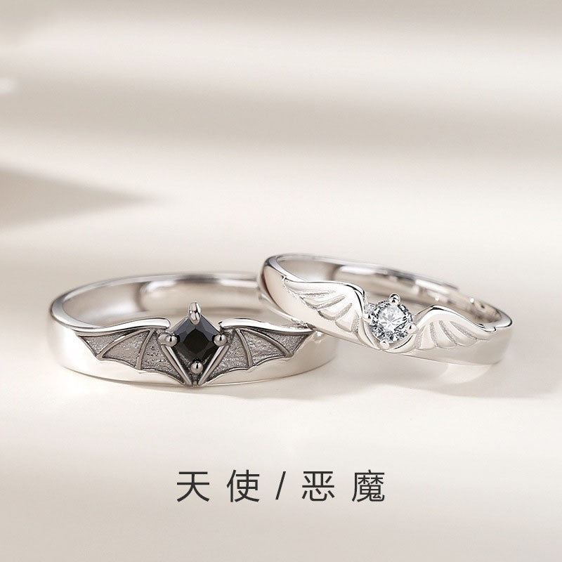 Angel Wings & Devil Adjustable Couple Rings in 925 Silver with Gemstones