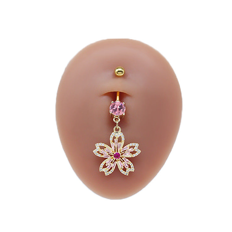 Elegant Heart Floral Zircon Belly Button Ring with Rhinestones and Gold Plating