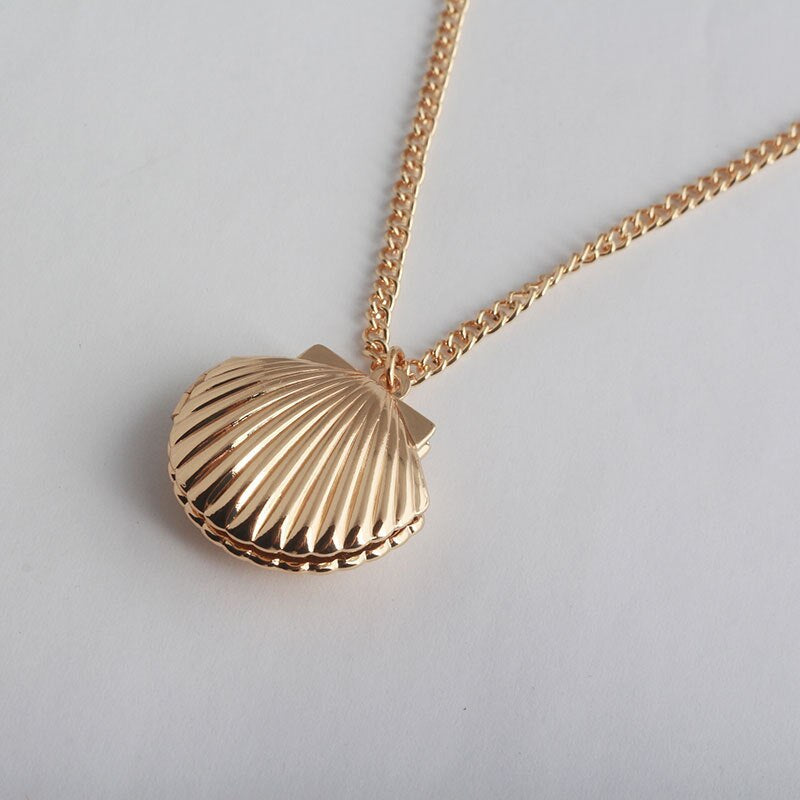 Copper Beach Shell Locket Pendant Necklace in Silver and Gold Stainless Steel