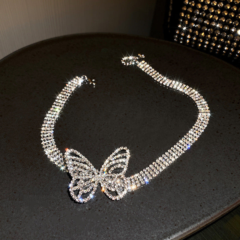 Elegant Korean Butterfly Rhinestone Pearl Choker Necklace