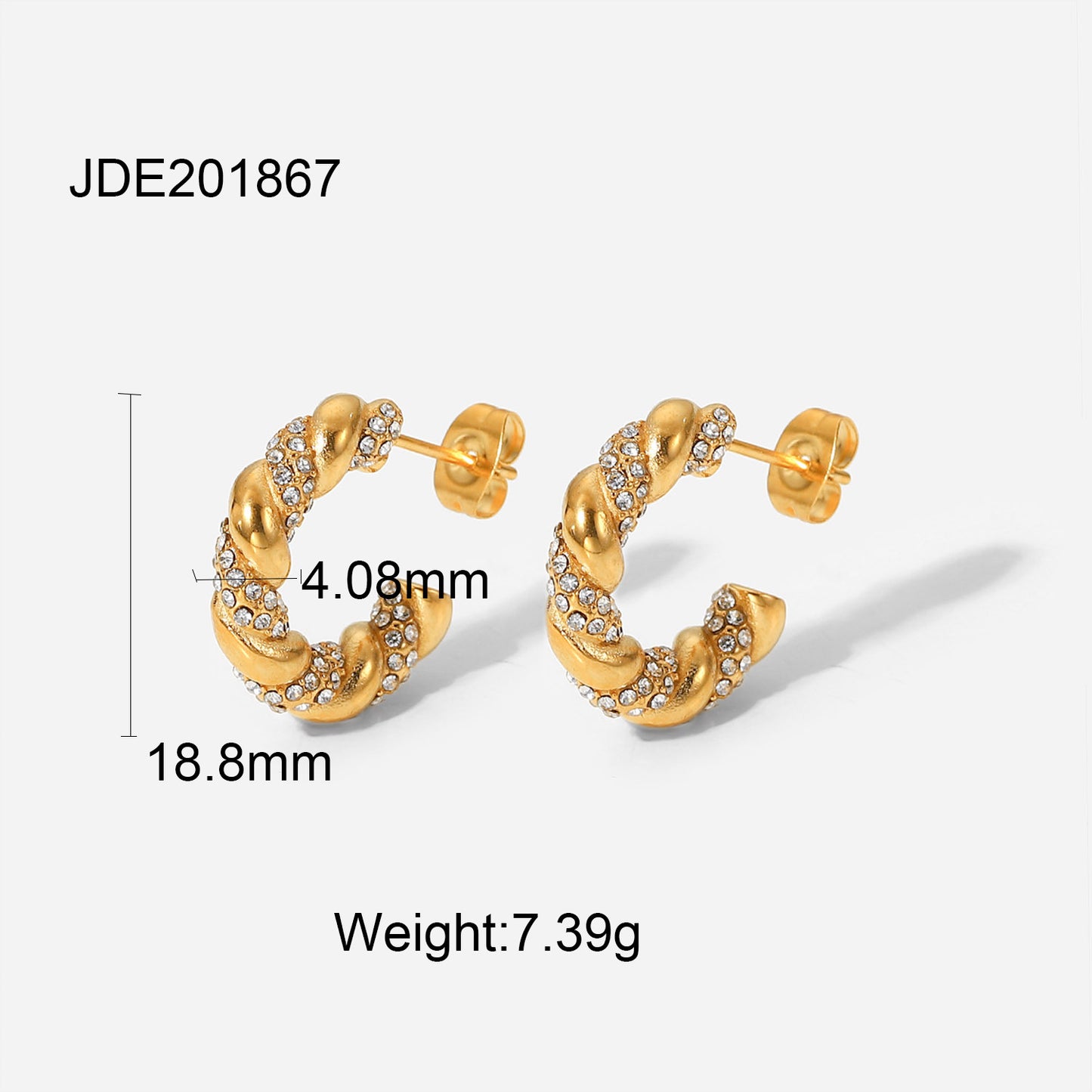 18K Gold Plated Stainless Steel C-Shaped Diamond Earrings