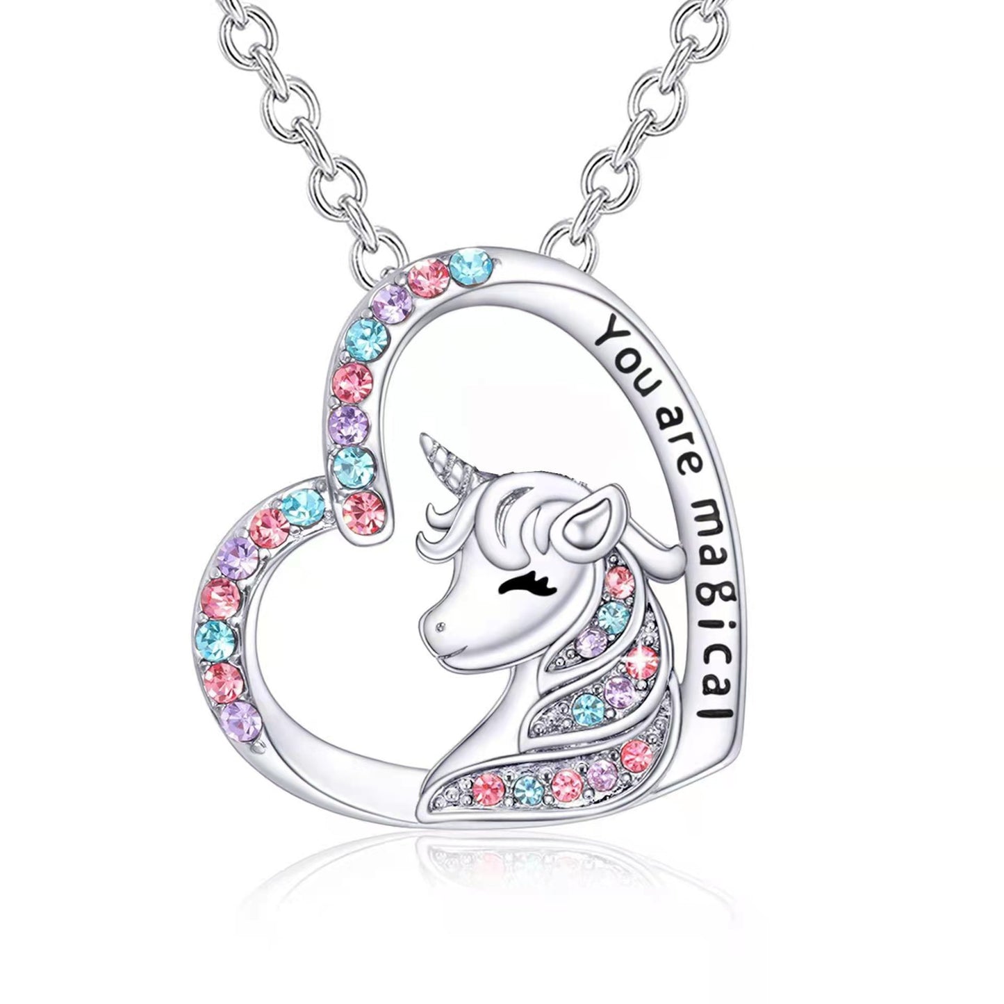 Heart Shape Rhinestone Jewelry Set with Unicorn Pendant Necklace