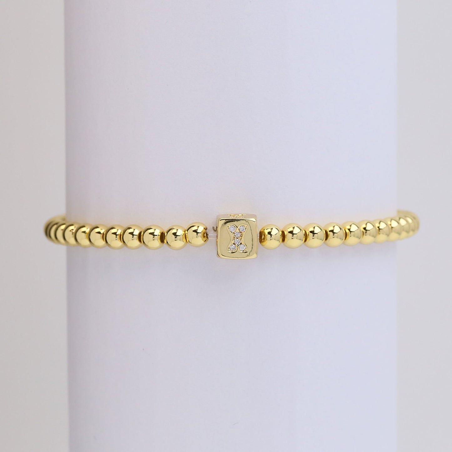 18k Gold Plated Copper Letter Zircon Beaded Stretch Bracelet