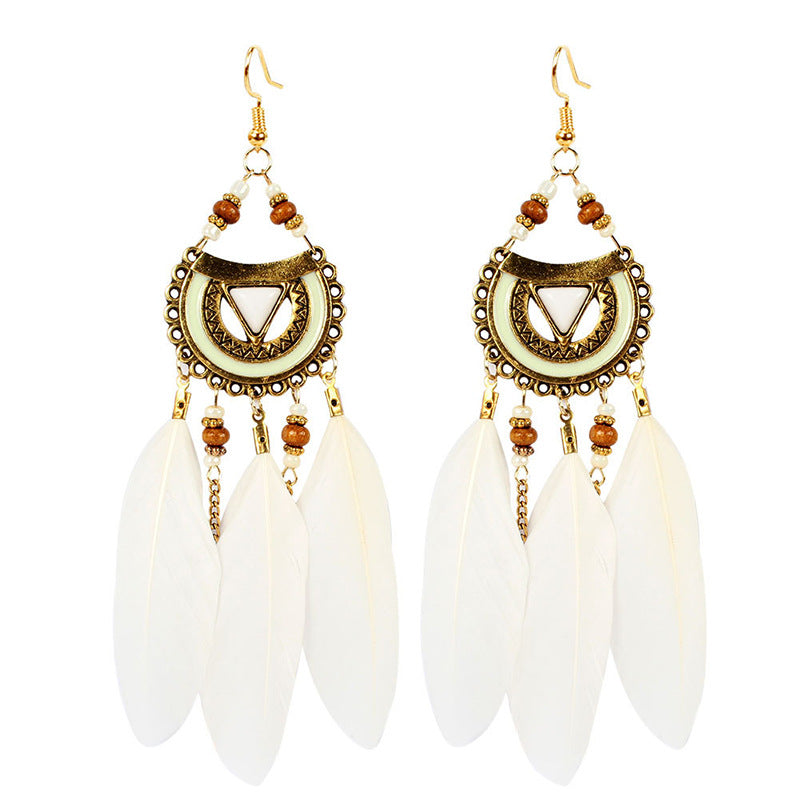 Ethnic Triangle Feather Tassel Earrings for Women - Bohemian Style Long Dangle Jewelry