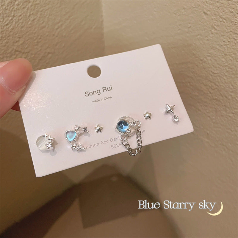 Elegant Geometric Star and Heart Zircon Stud Earrings Set in S925 Silver