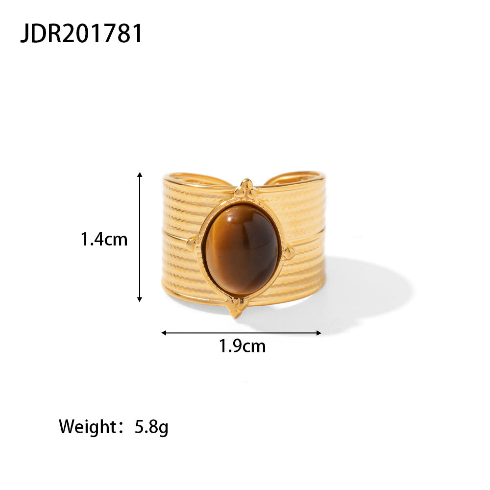 Retro Geometric 18k Gold Plated Stainless Steel Adjustable Tiger Eye Ring