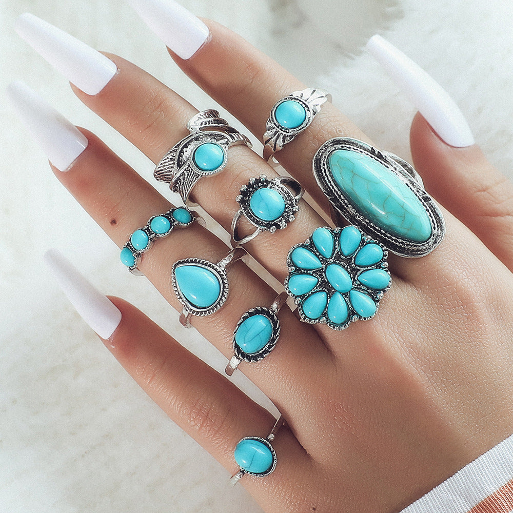 Retro Bohemian Feather Turquoise Gemstone Ring Set - 11 Pieces