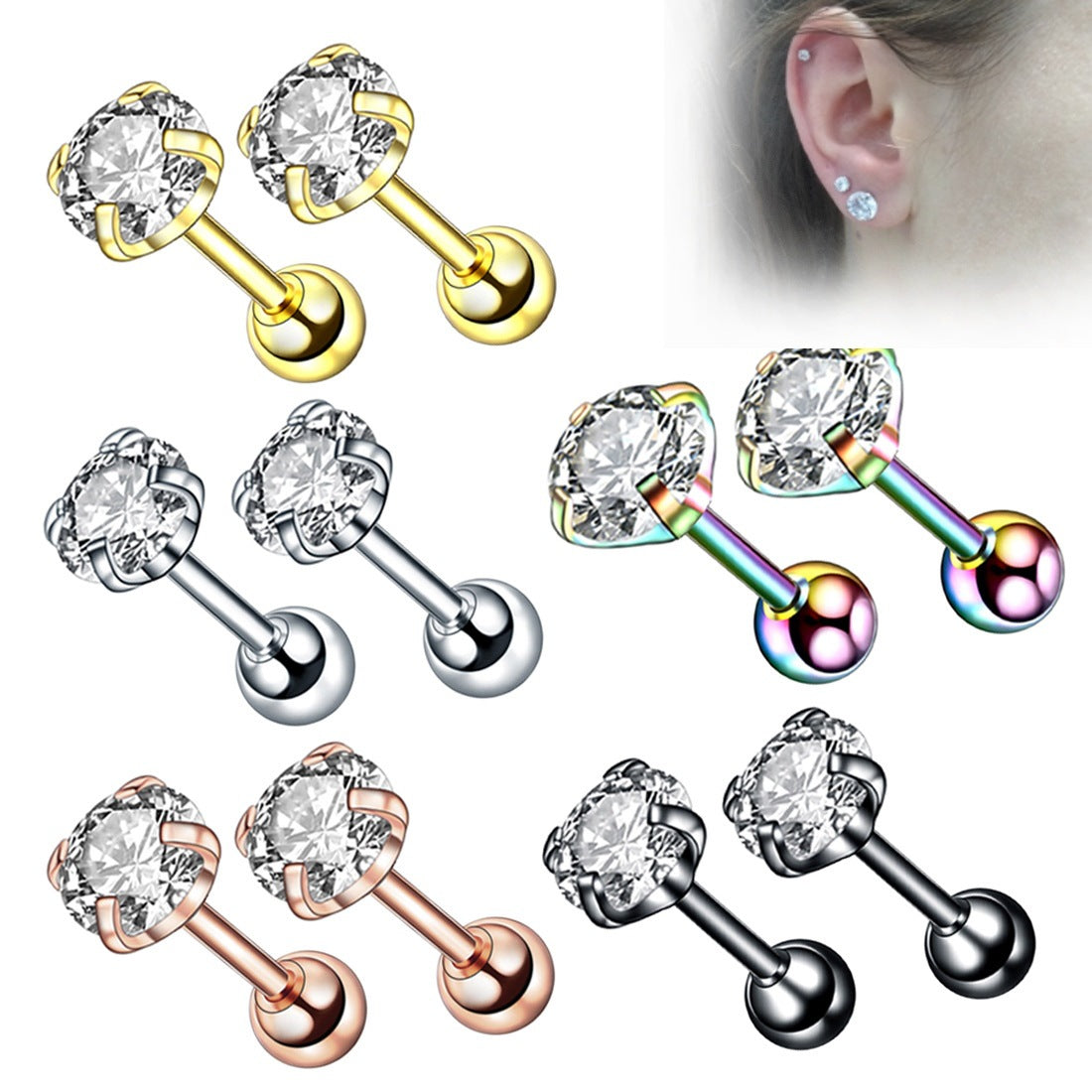 Fashion Geometric Stainless Steel Zircon Inlay Ear Studs