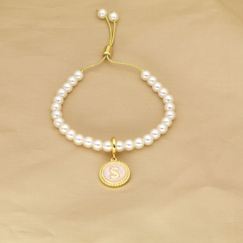 18K Gold Plated Adjustable Letter Pendant Imitation Pearl Bracelet