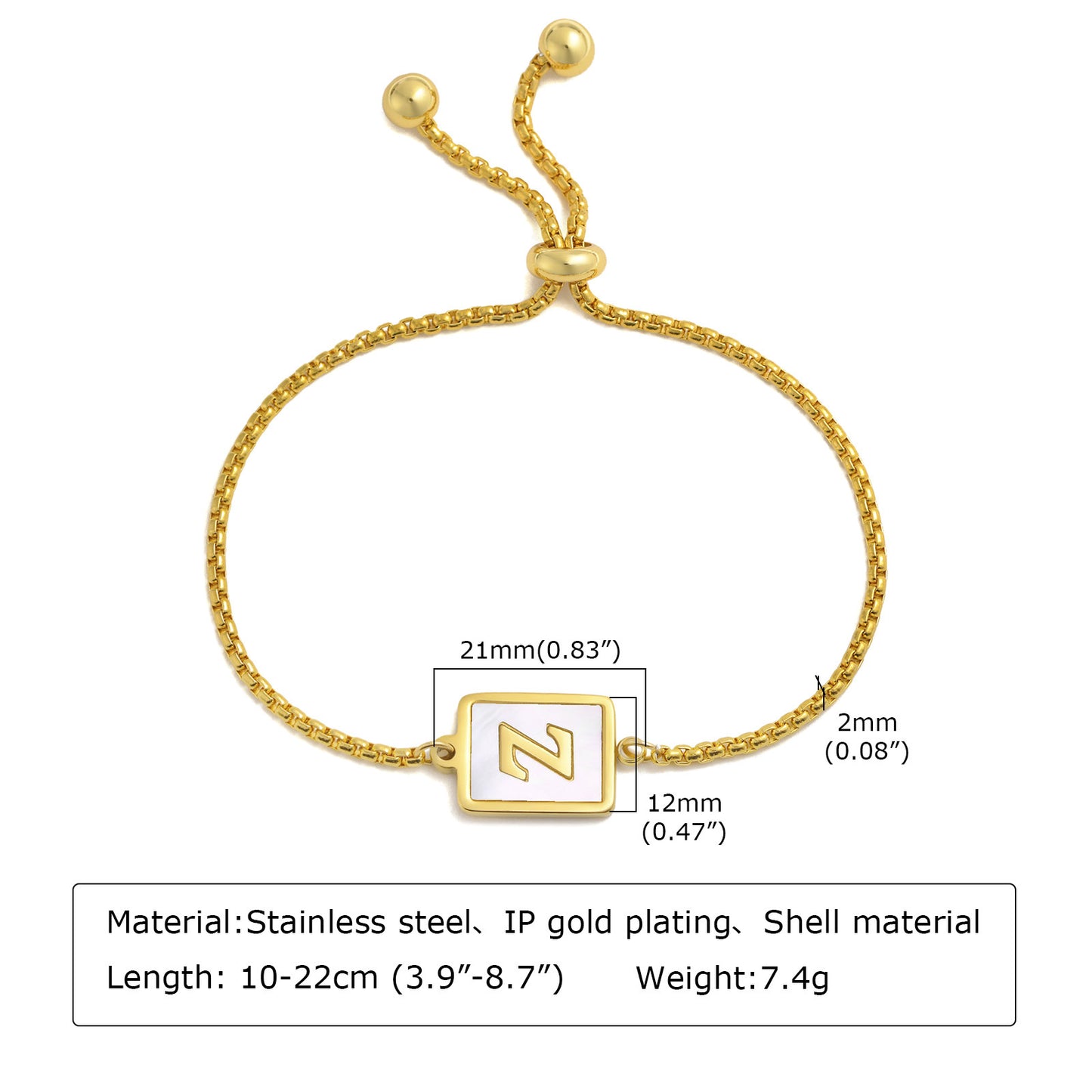 Elegant Stainless Steel English Letter Shell Bracelet - Adjustable Gold Square Design for Women