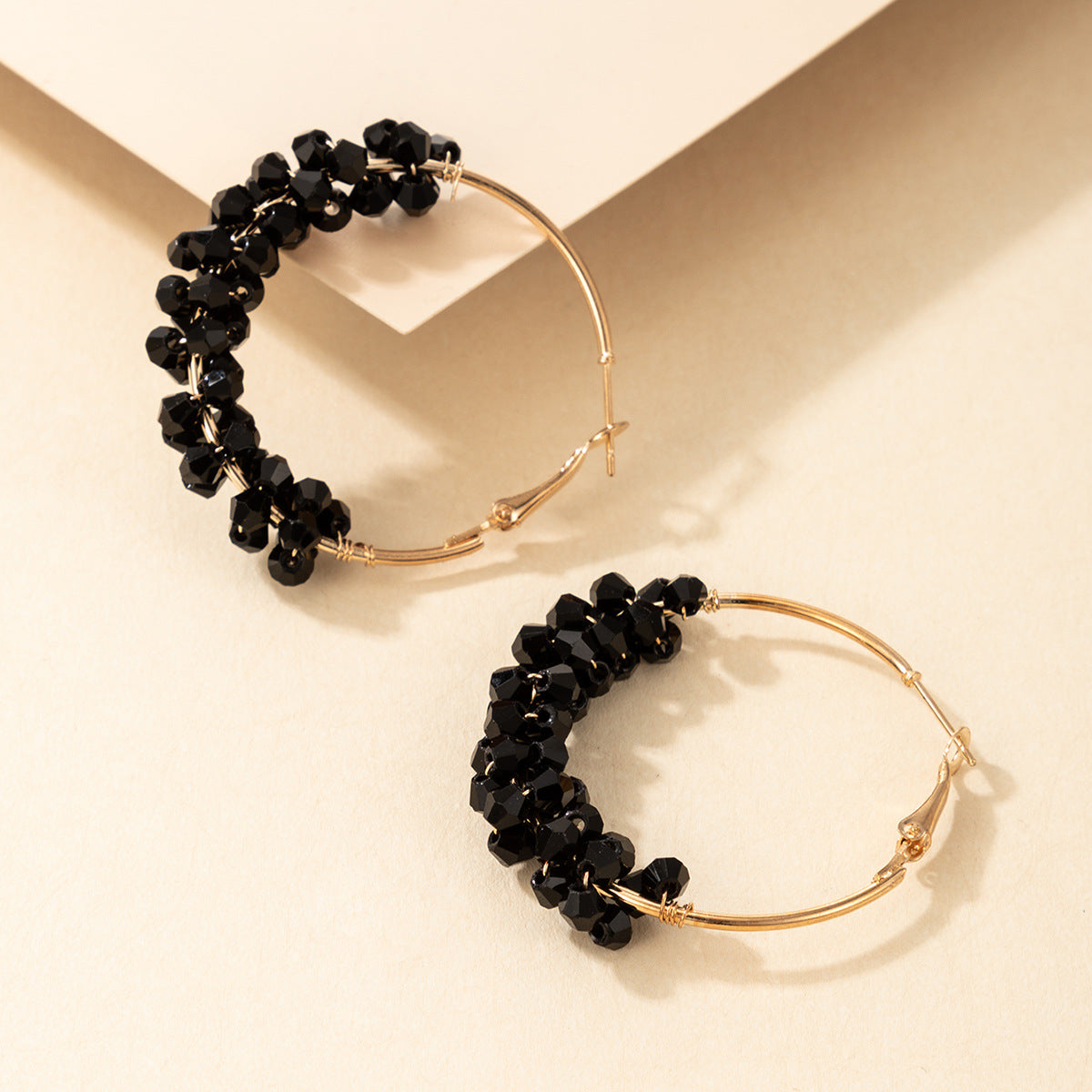 Black Crystal Beaded Geometric Hoop Earrings