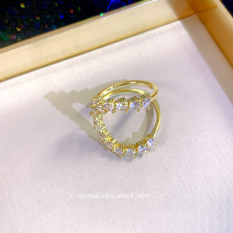 Elegant Geometric 14K Gold Plated Open Ring with Artificial Pearls and Rhinestones