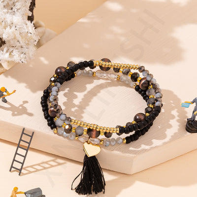 Simple Heart Crystal Tassel Beaded Bracelet Set for Women