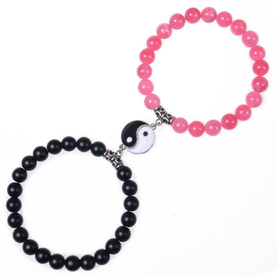 Chinoiserie Natural Stone Beaded Bracelets Set - 8mm Black Matte & Pink Crystal Yin Yang Design