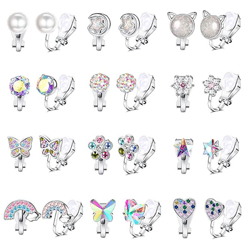 IG Style Rainbow Flower & Butterfly Rhinestone Ear Cuffs - Unicorn & Cat Heart Design for Kids