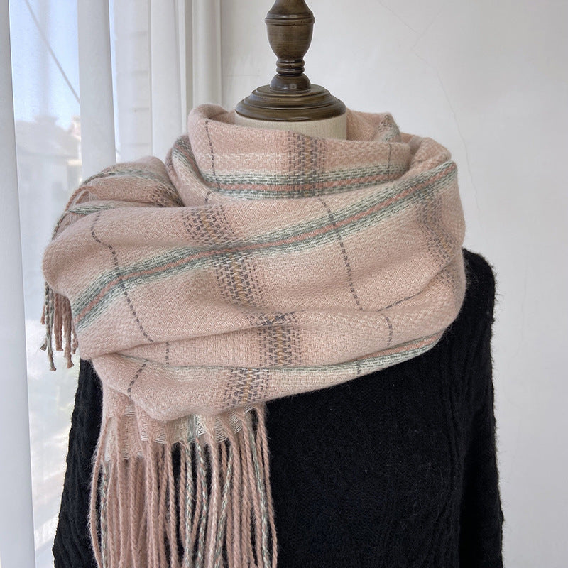 Women's Vintage Plaid Imitation Cashmere Scarf with Tassels