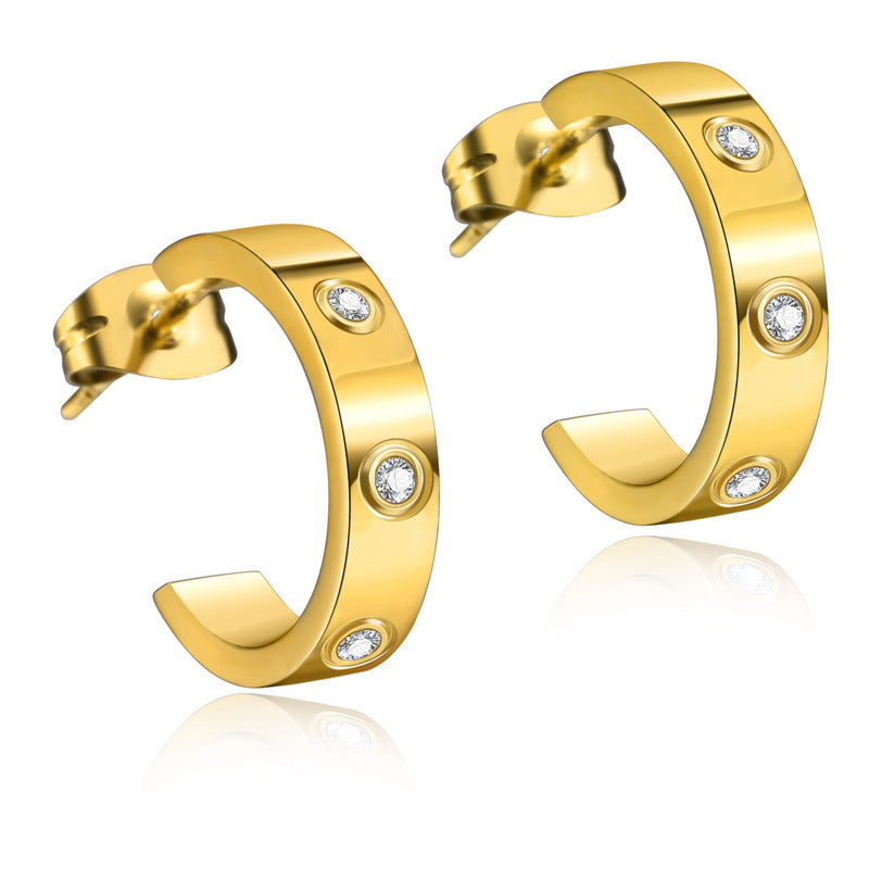 Simple Style C Shape Stainless Steel Inlay Zircon Ear Studs 1 Pair