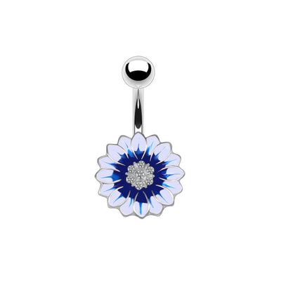 Sunflower Heart Butterfly Zircon Belly Ring in White Gold Plated Stainless Steel