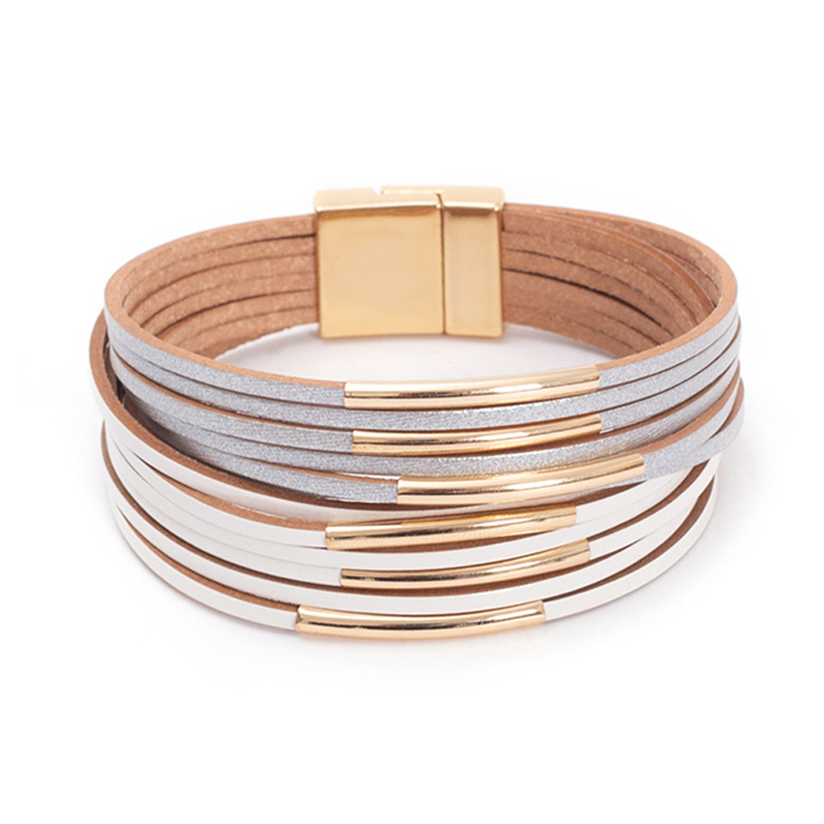 Geometric PU Leather Bangle with Copper Pipe and Magnetic Clasp