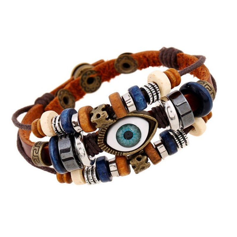 Retro Beaded Eye Leather Bracelet - Adjustable Unisex Jewelry