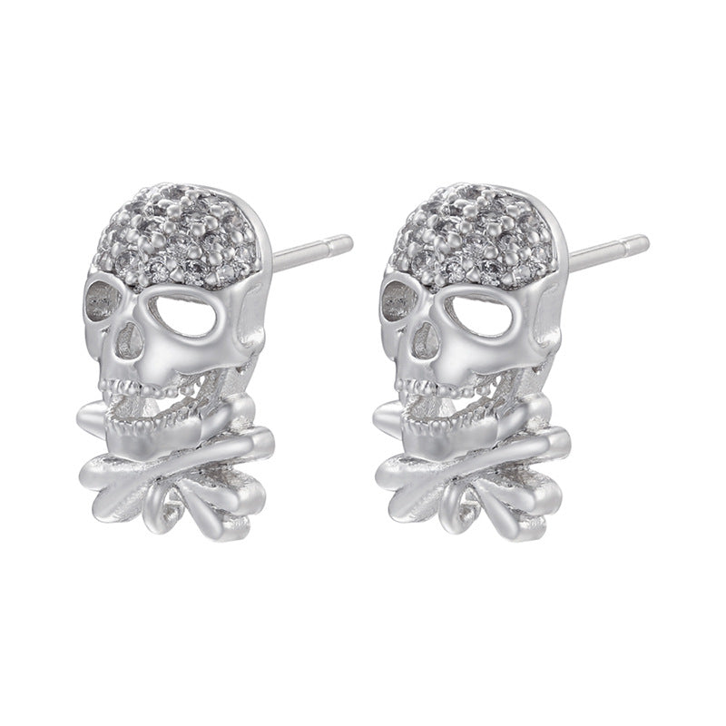 1 Pair Punk Skull Zircon Inlay 18k Gold Plated Ear Studs