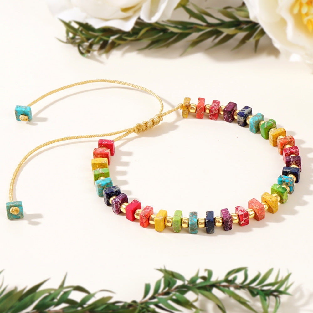 Minimalist Color Block Semi-Precious Stone Bracelet with Vintage Gold Beads