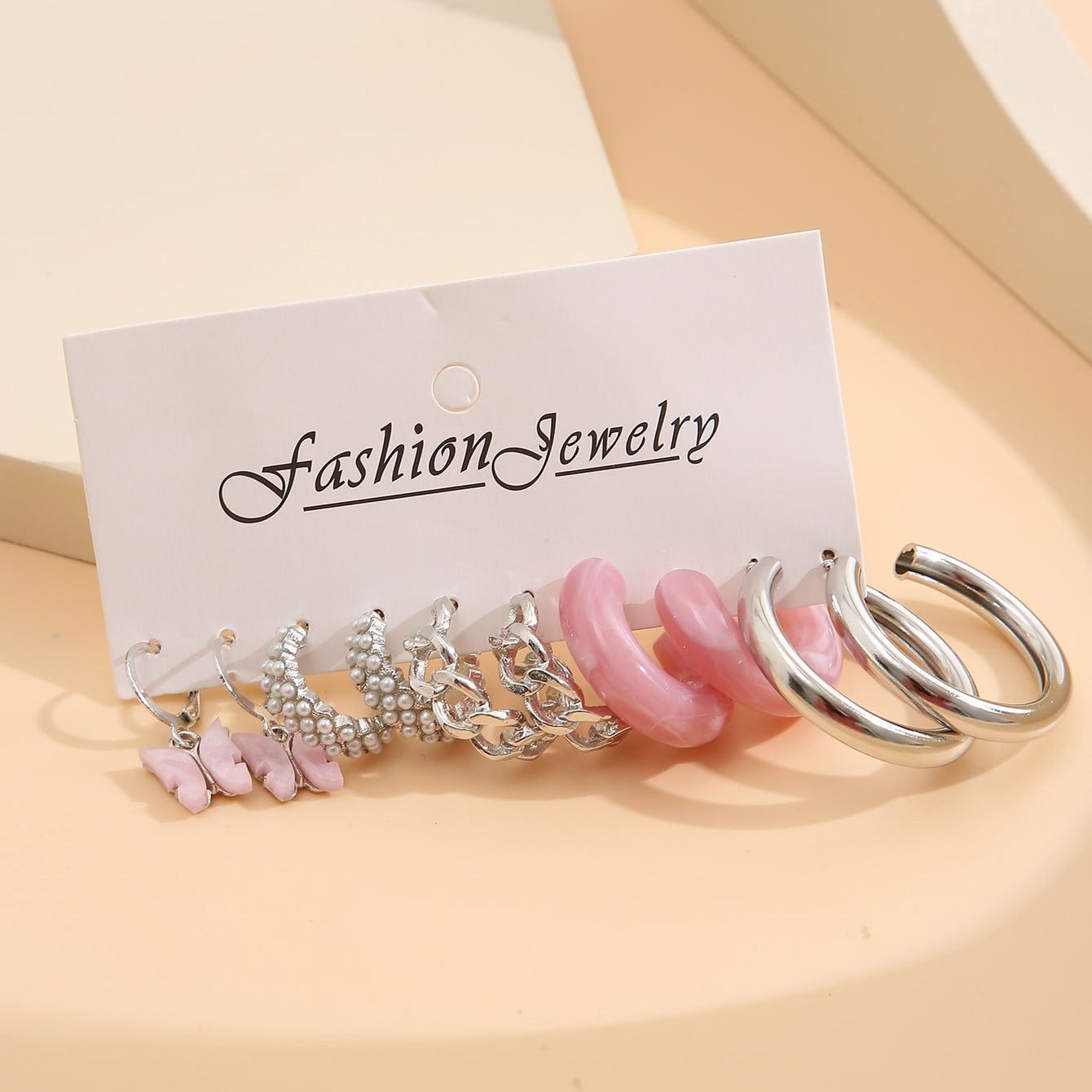 Retro Geometric Alloy Earrings Set with Pearl Butterfly and Pink Acrylic C-Shaped Hoops