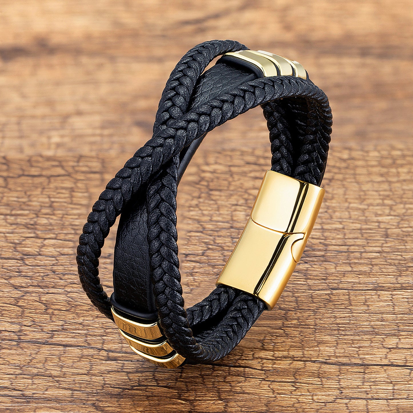 Gothic Punk Geometric Stainless Steel & Leather Layered Men's Bangle Bracelet with Braided Rope and Personalized Buckle