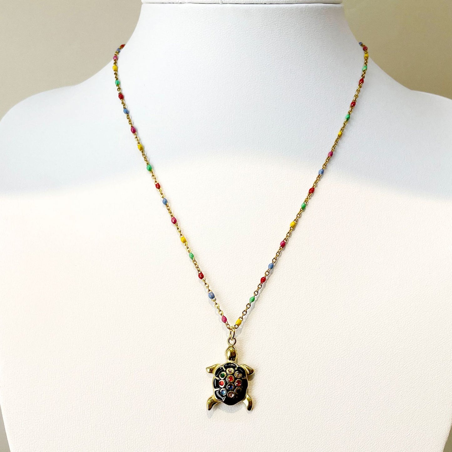 304 Stainless Steel Gold Plated Colorful Enamel Tortoise Zircon Pendant Necklace