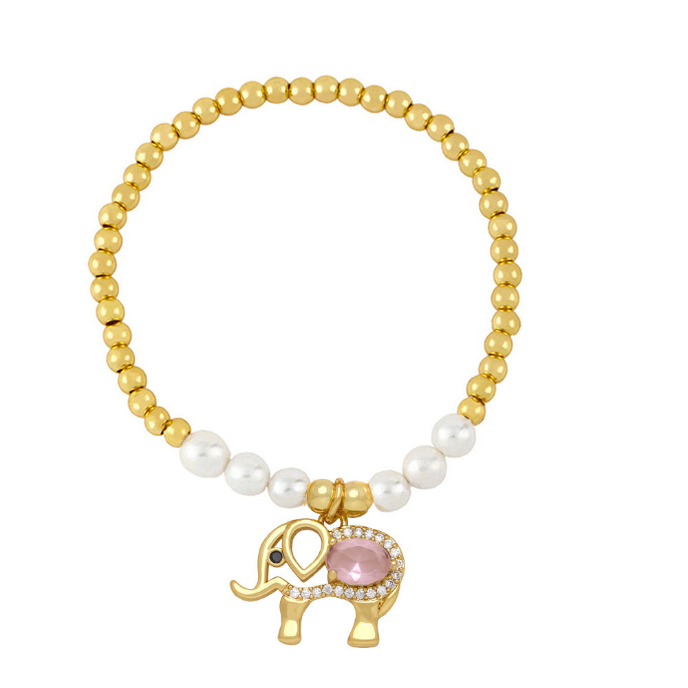 Artistic Elephant Imitation Pearl Zircon Copper Bracelet