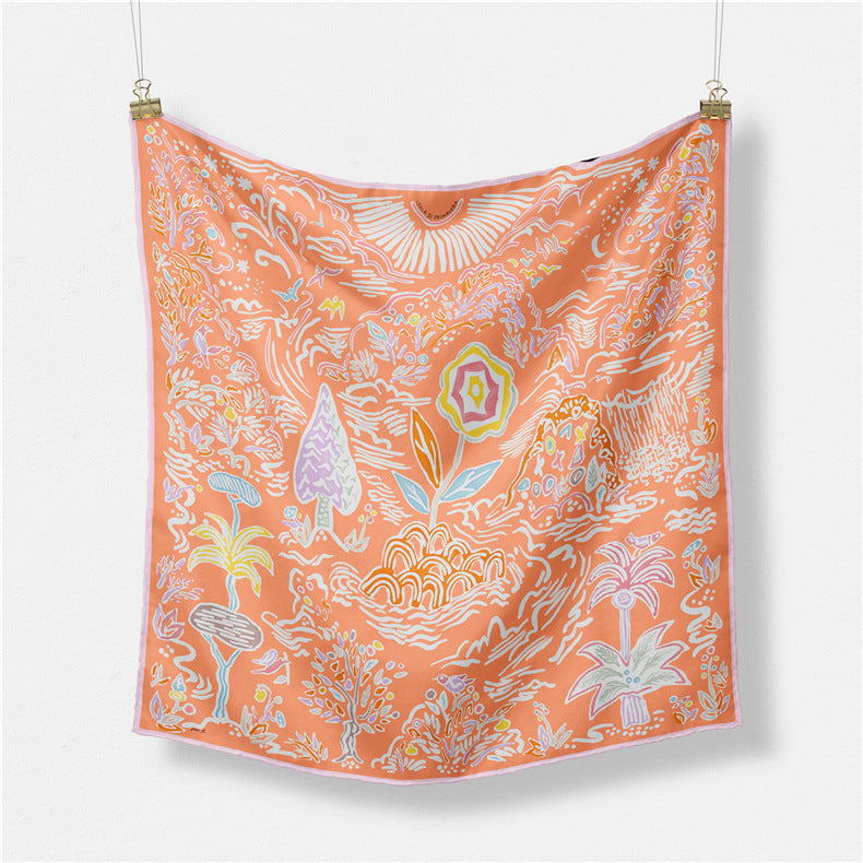 Women's Pastoral Print Silk Scarf - 53cm Square Neck Scarf for Spring and Summer