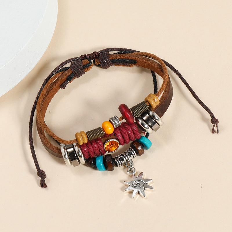 Retro Devil's Eye Color Block Cowhide Leather Beaded Unisex Bracelet