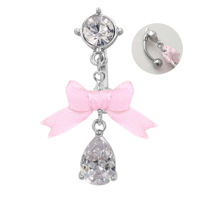 1 Piece Heart Bow Knot Belly Ring 316 Stainless Steel with Rhinestones Gold Plated