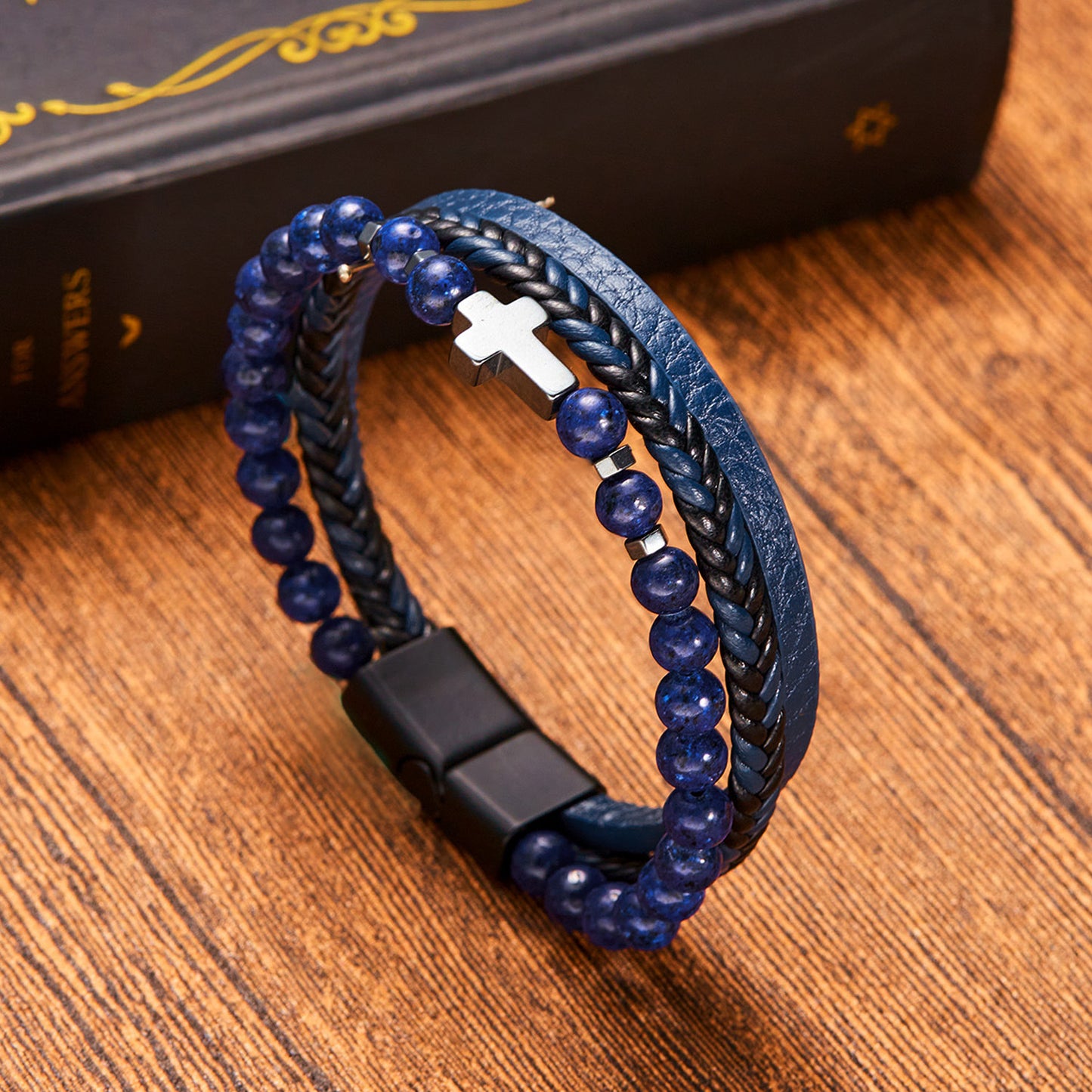 Hip-Hop Cross Alloy Men's Multi-Layer Leather Beaded Bracelet