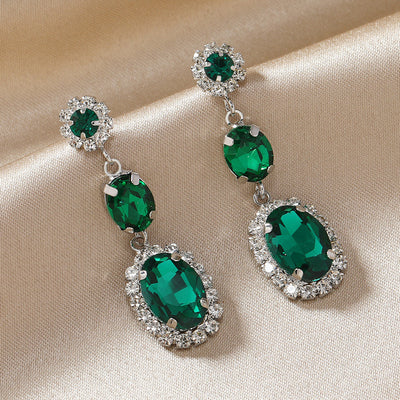 Elegant Luxurious Silver Plated Rhinestone Jewelry Set with Emerald Zirconia Necklace and Earrings