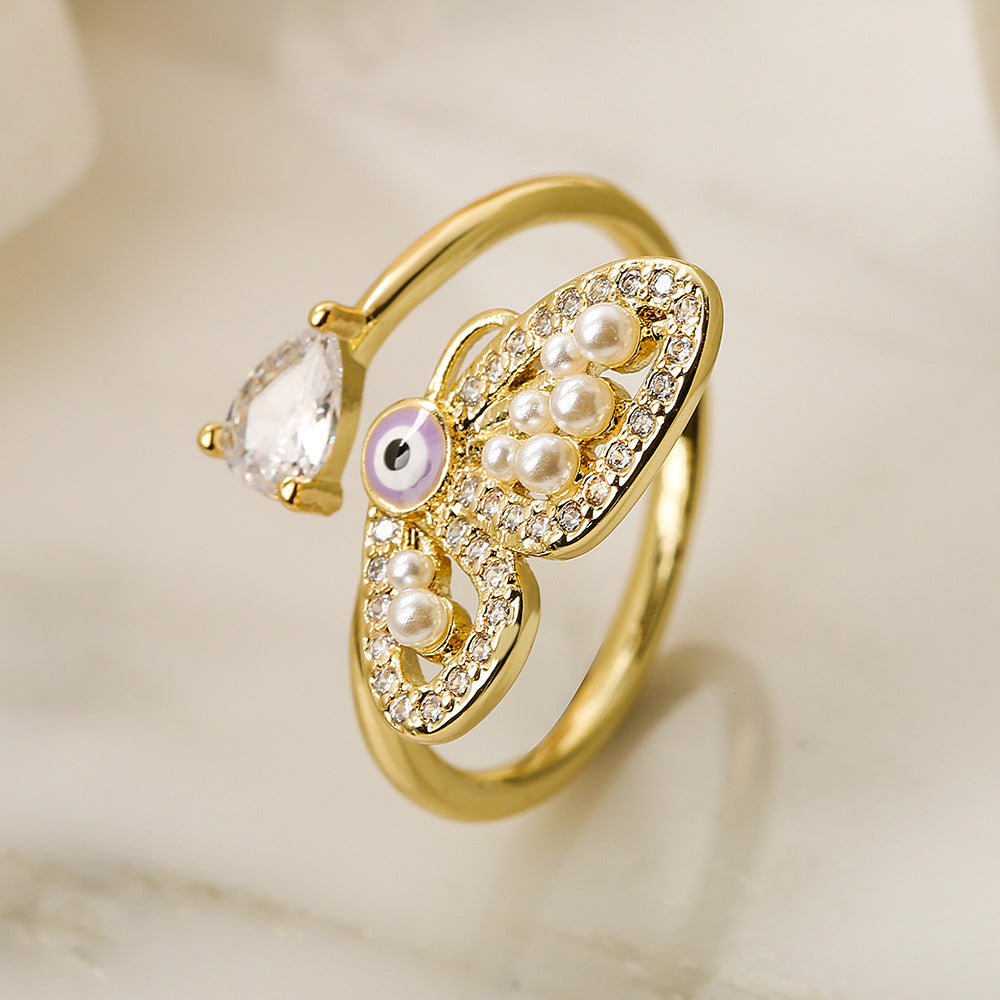 Fashion Butterfly Zircon Pearl Open Ring - Elegant Geometric Design