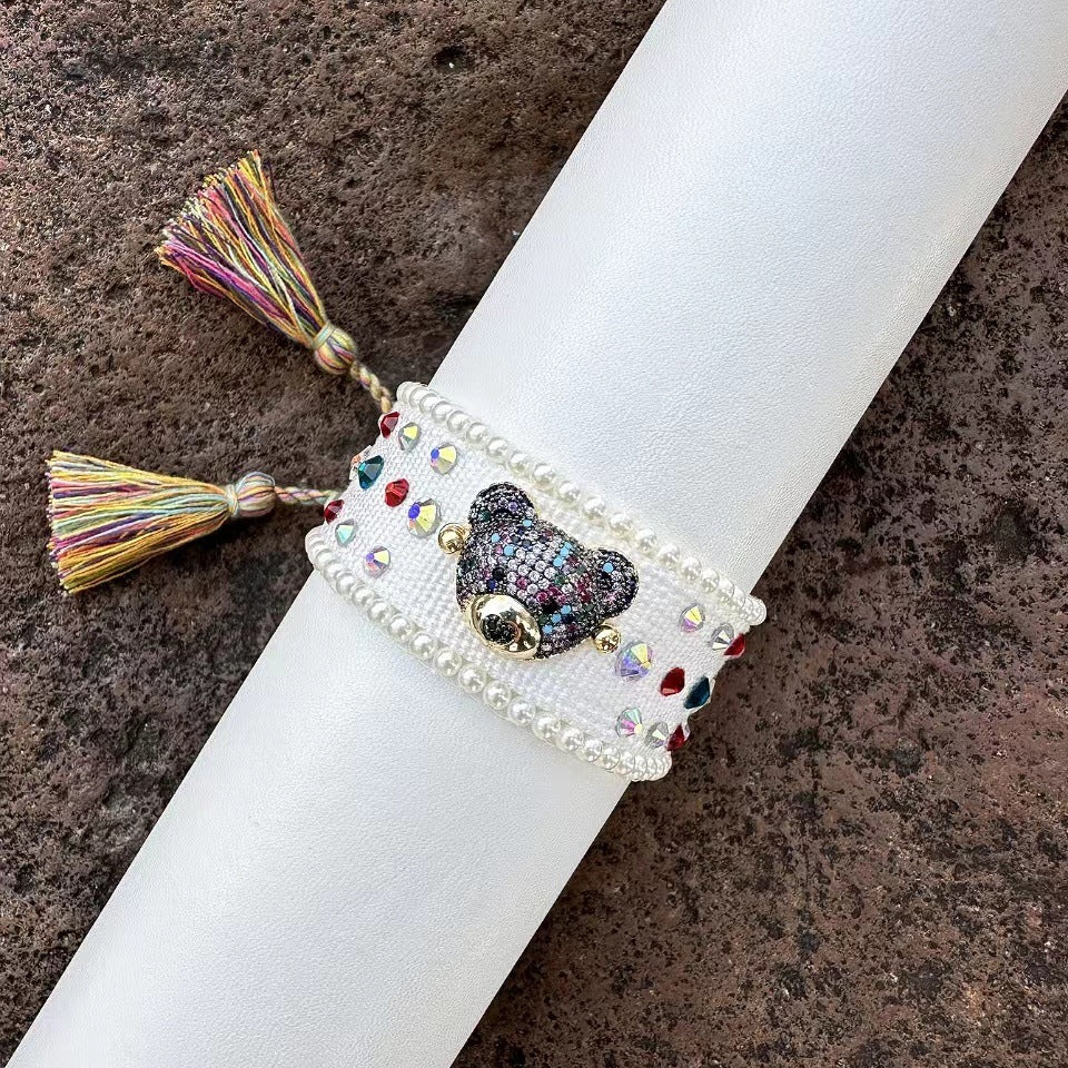 Cute Bear Cartoon Diamond-Studded Woven Tassel Bracelet