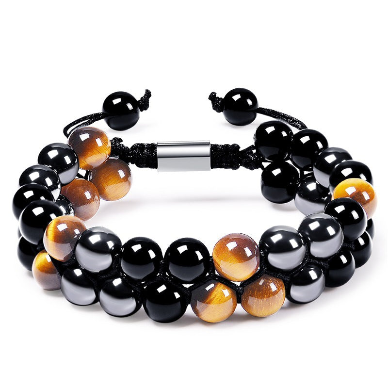 Geometric Blue Tiger Eye & Black Agate Double Layer Handmade Bracelet