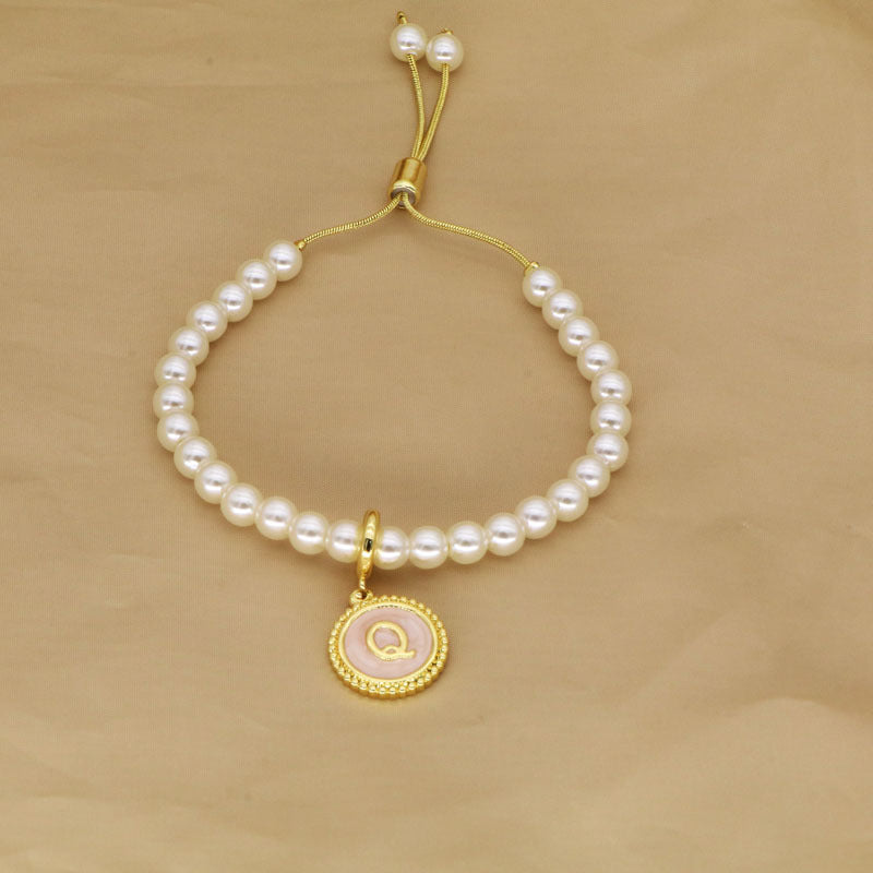 18K Gold Plated Adjustable Letter Pendant Imitation Pearl Bracelet