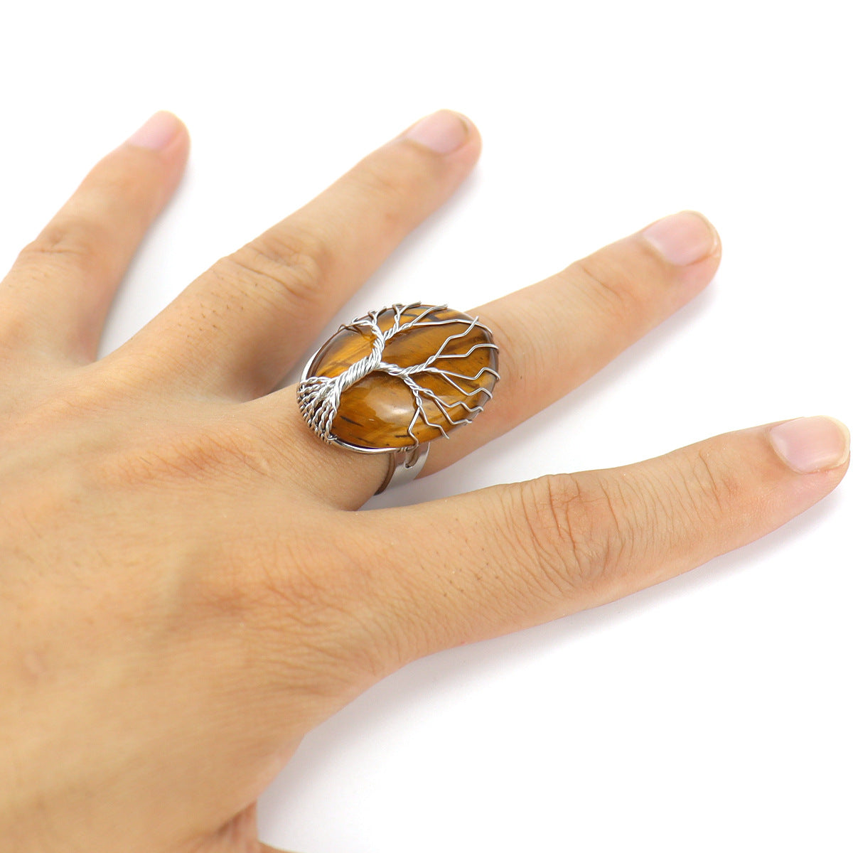 Simple Tree of Life Oval Agate Adjustable Copper Ring