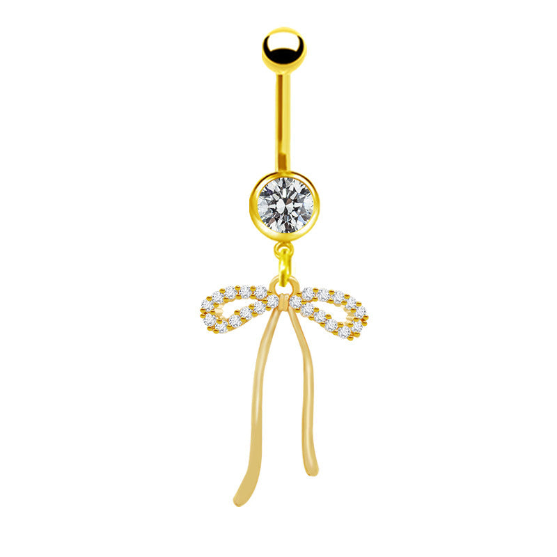 Elegant Bow Knot Belly Ring - 316 Stainless Steel with Rhinestones and Gold Plating