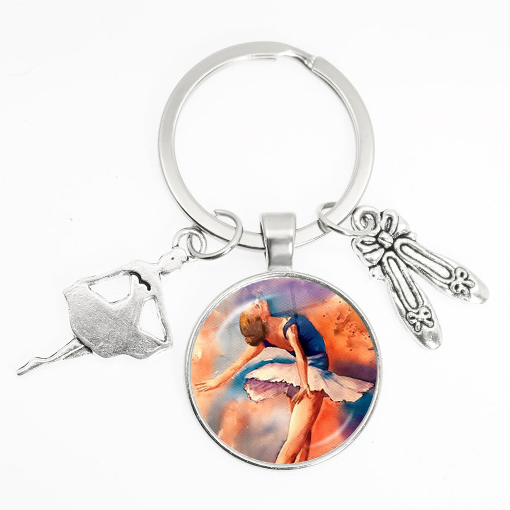 Artistic Ballet Dancer Round Alloy Metal Keychain Pendant