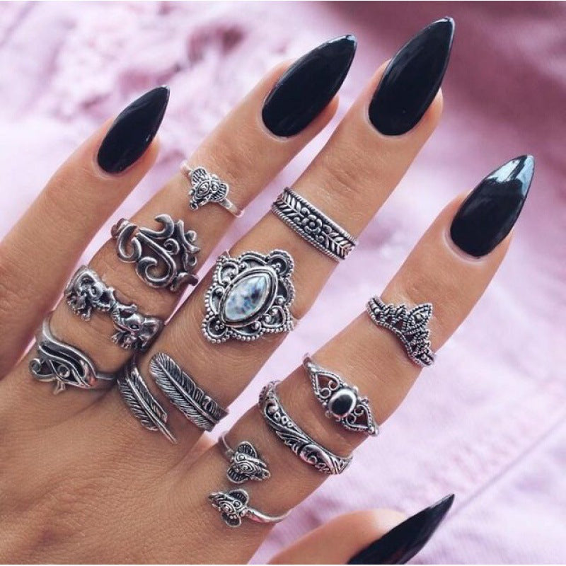 Bohemian Retro Punk Elephant Opal Crystal Midi Knuckle Ring Set for Women