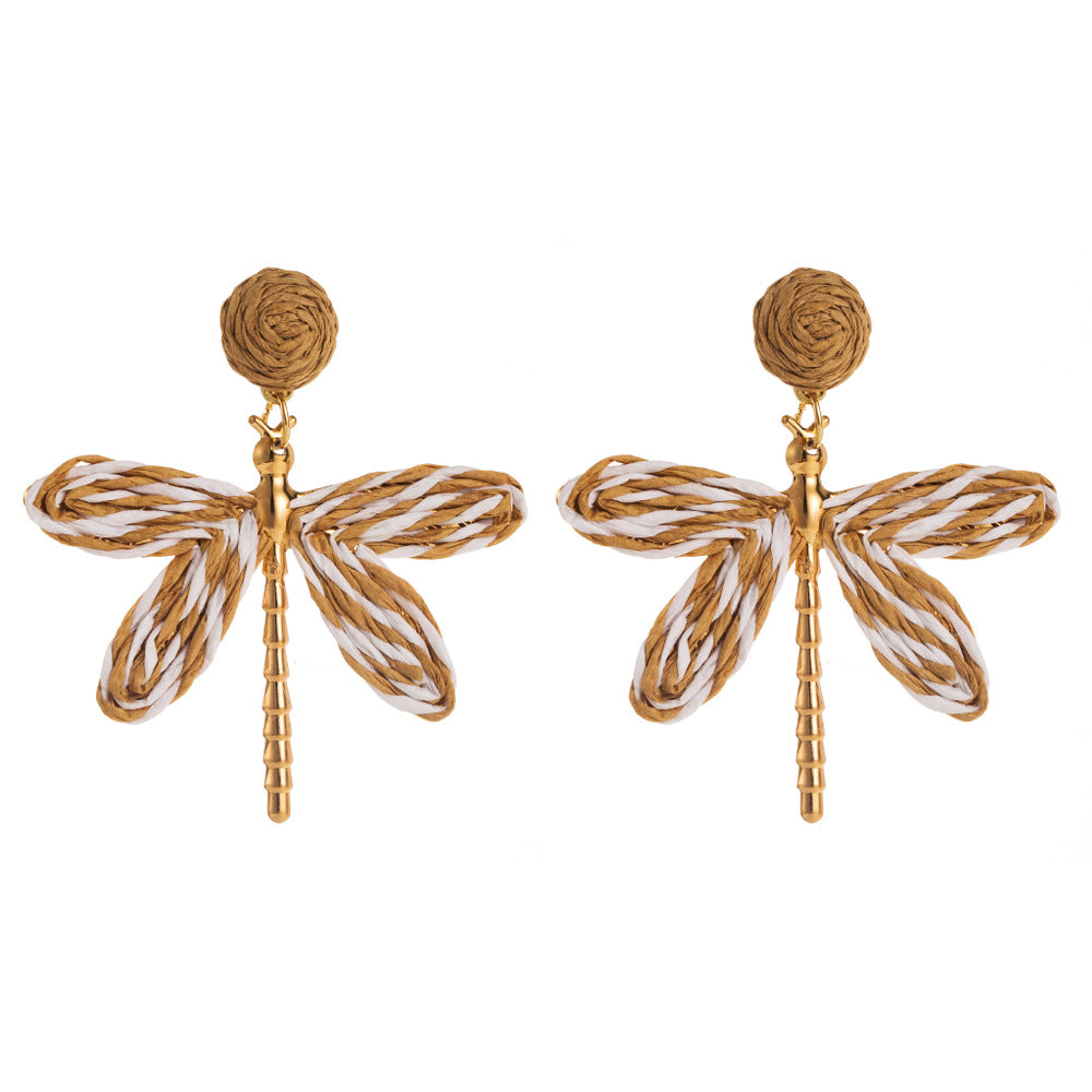 Dragonfly Raffia Gold Plated Drop Earrings - Bohemian Vacation Style