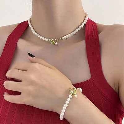 Sweet Tulip Painted Freshwater Pearl Necklace and Bracelet Set for Women