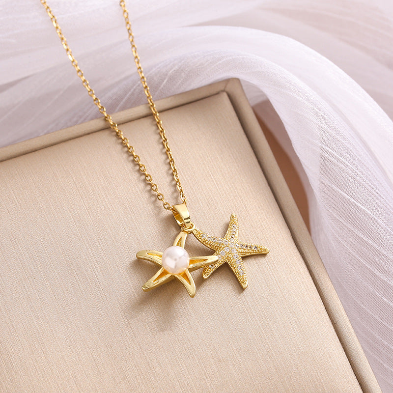 Stainless Steel Starfish Pearl Zircon Pendant Necklace