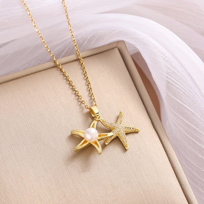 Stainless Steel Starfish Pearl Zircon Pendant Necklace