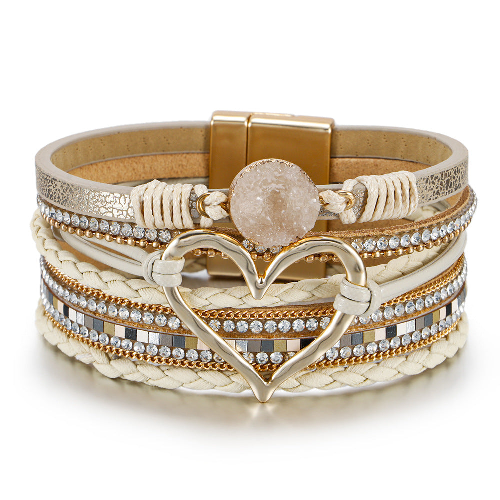 Bohemian Heart Shape Multi-Layer Braided Leather Bracelet with Magnetic Clasp