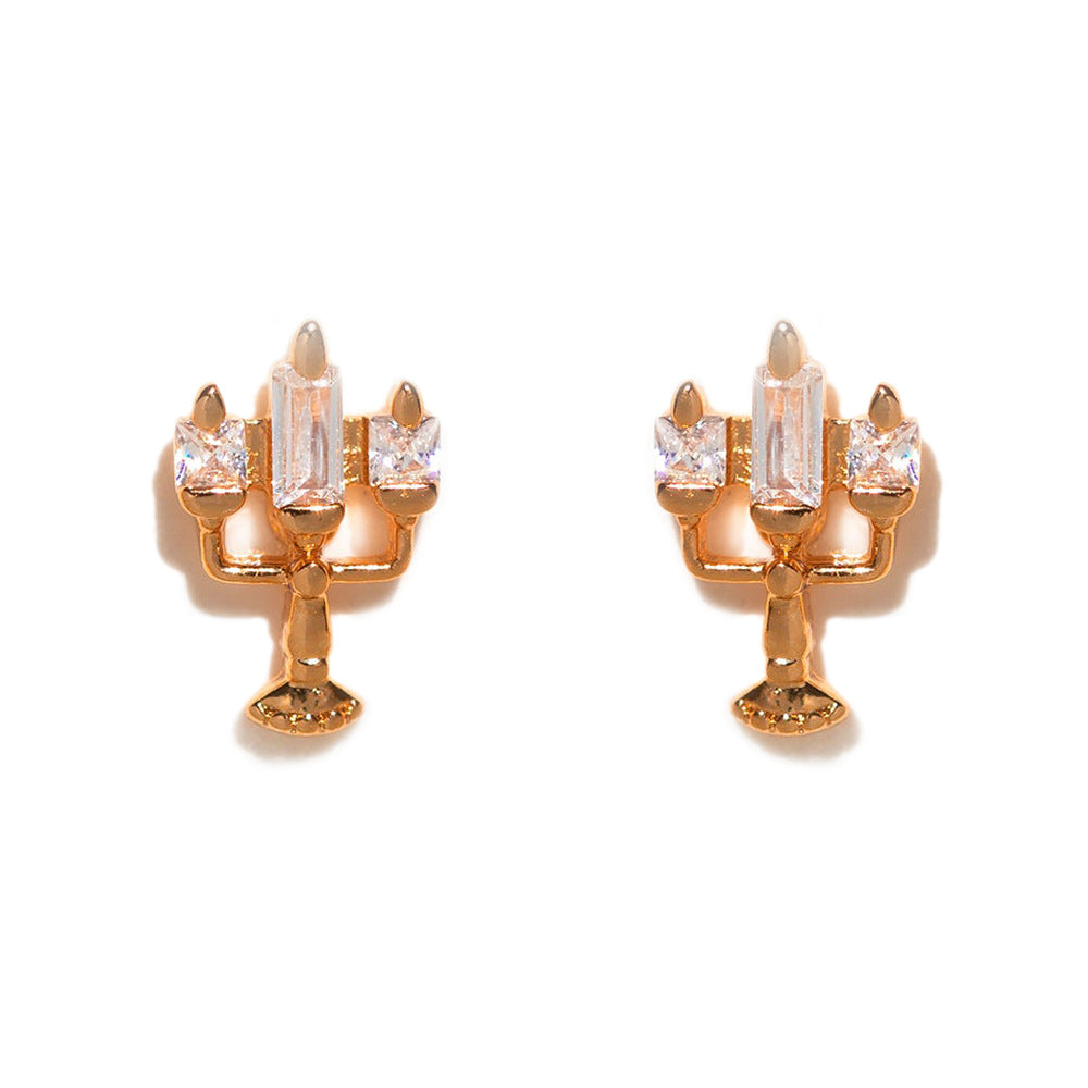 1 Set Artistic Geometric Candle and Cartoon Cup 18K Rose Gold Plated Zircon Inlay Ear Studs