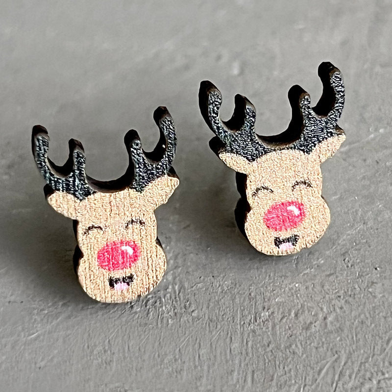 1 Pair Christmas Cartoon Santa Claus and Elk Wood Ear Studs